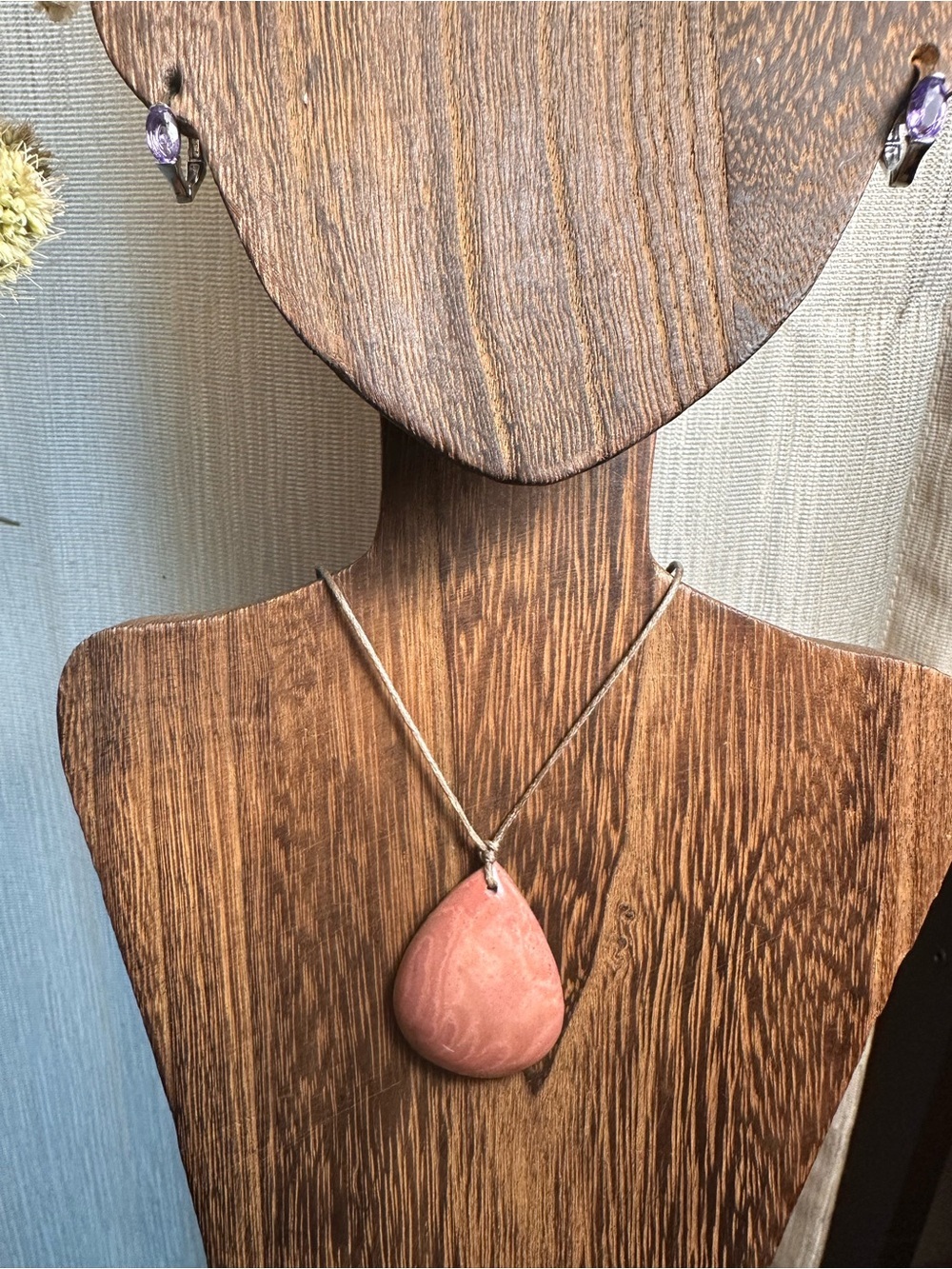 Minimalist Polychrome Jasper Teardrop Pendant Necklace on Thin Brown Rope - Picture 5 of 16